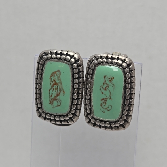 Chico's Silver Tone Turquoise Aqua Color with Copper Design Clip-On Earrings - Picture 2 of 9